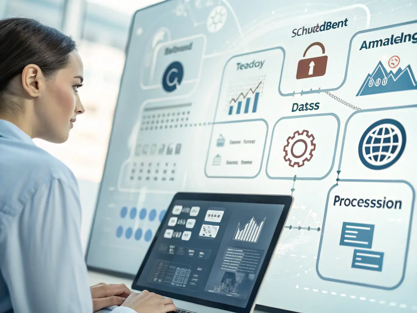 A dynamic image featuring AI icons and automation workflows on a digital screen, highlighting the efficiency of AI task automation services provided by Shusa Agency.