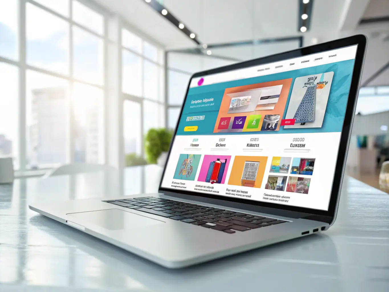 A vibrant image showcasing a dropshipping store interface on a laptop, surrounded by product mockups and shipping icons, symbolizing the ease of setting up an online store with Shusa Agency.